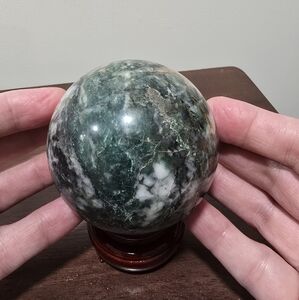 1.3 lbs Moss Agate with Pyrite Crystal Sphere 74 mm